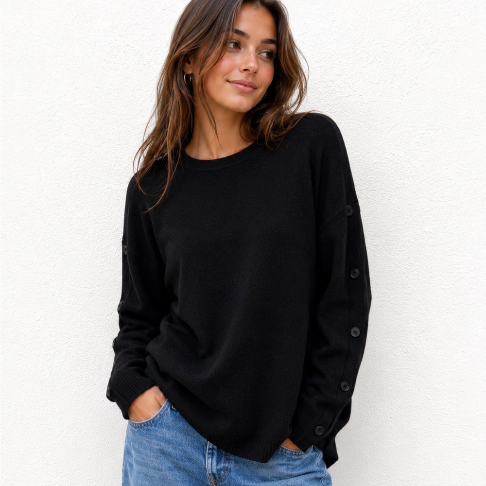 Halogen 100% Cashmere Black Crewneck Button-Sleeve Sweater M